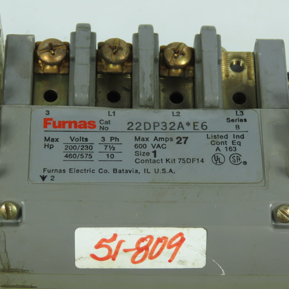 Furnas 22DP32A*E6 Size 1 Motor Starter Contactor 600V 27A 120V Coil