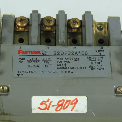 Furnas 22DP32A*E6 Size 1 Motor Starter Contactor 600V 27A 120V Coil