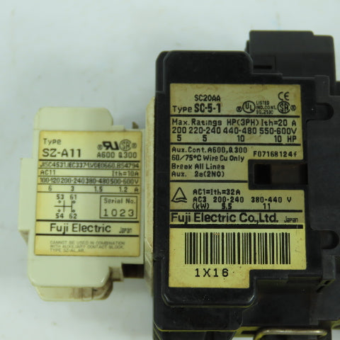 Fuji SC-5-1 SC20AA Contactor Relay 7.5kW 440V W/ SZ-A11 Aux (220V Coil)