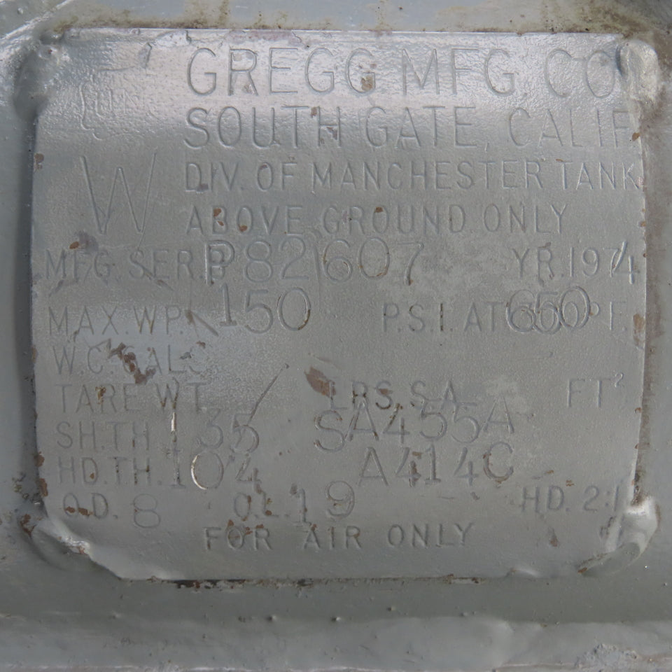 Gregg MFG. 3 Gallon Horizontal Mount Air Receiver Pressure Tank 150PSI