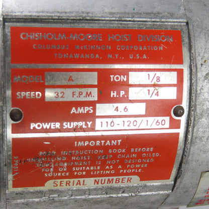 CM Model A 1/8 Ton 250LB Electric Chain Hoist 115V 1Ph 32FPM 10' Lift