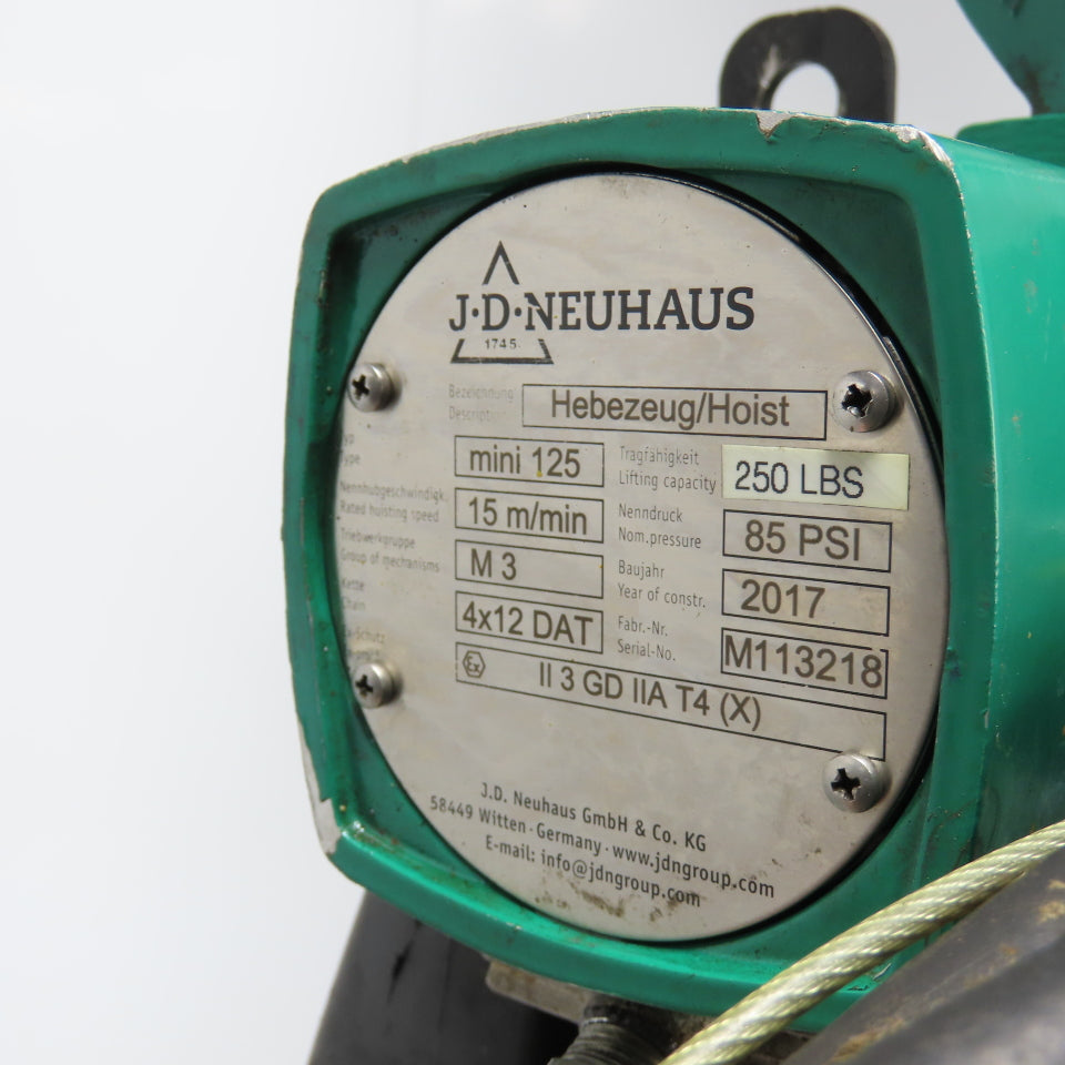 J.D. Neuhaus Mini 125 1/8 Ton 250Lb Pneumatic Air chain Hoist 4.9FPM 10' Lift