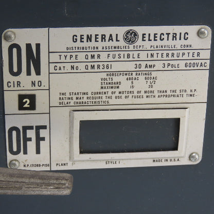 General Electric QMR36I 30A Fusible Interrupter Switch 3 Pole 600VAC