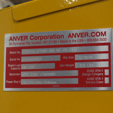 Anver VPE1-Gen2 750LB Two Pad Electric Side Gripper Vacuum Lifter 115V 1Ph