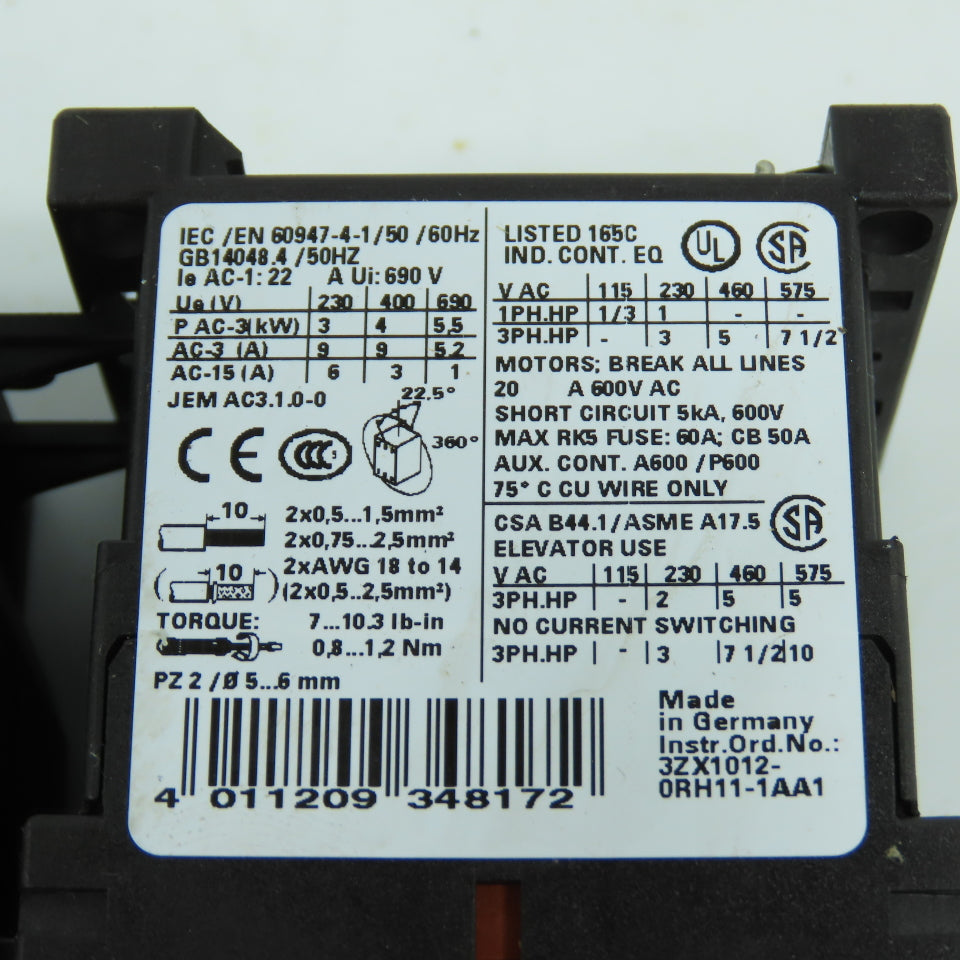 Siemens 3RT1016-1AK61 Contactor Relay 120V Coil W/Overload 3RU2116-1DB0 2.2-3.2A