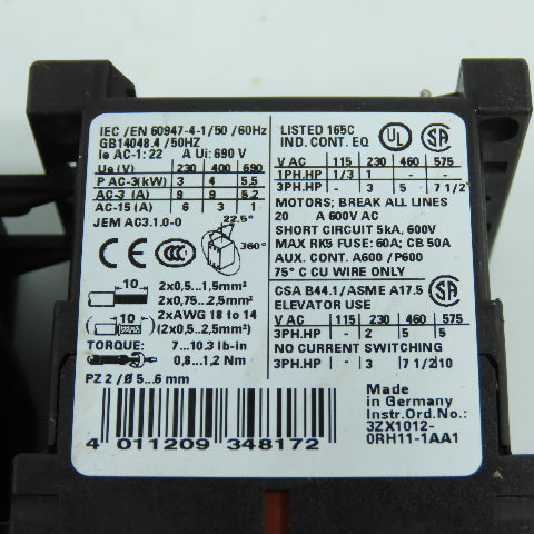 Siemens 3RT1016-1AK61 Contactor Relay 120V Coil W/Overload 3RU2116-1DB0 2.2-3.2A