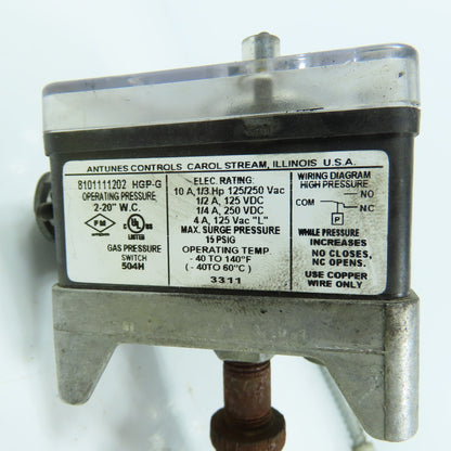 Antunes 8101111202 HGP-G Gas Pressure Switch 125/250VAC 1/4" Port 2-20" WC
