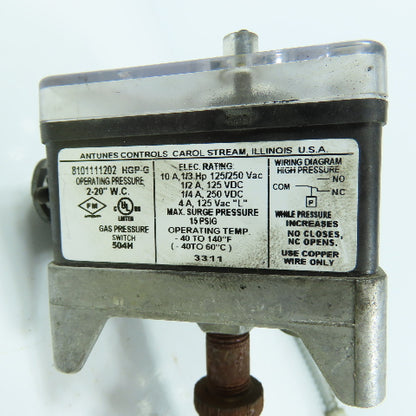 Antunes 8101111202 HGP-G Gas Pressure Switch 125/250VAC 1/4" Port 2-20" WC