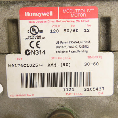 Honeywell M9174C1025 Modutrol IV Actuator Motor 120V 90 Stroke (Deg) 30-60 Sec