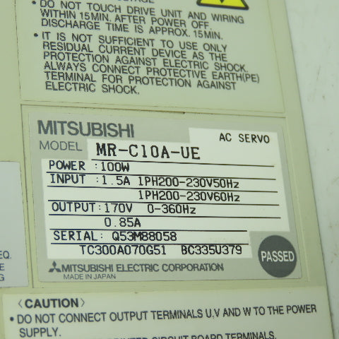 Mitsubishi MR-C10A-UE AC Servo Drive 100W Input: 1.5A 200-230V Output:170V 0.85A