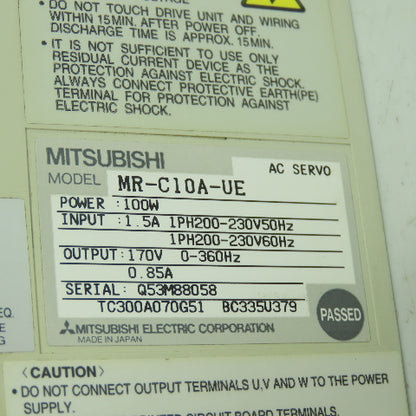 Mitsubishi MR-C10A-UE AC Servo Drive 100W Input: 1.5A 200-230V Output:170V 0.85A