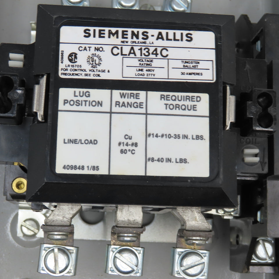 Siemens Allis CLA134C 480V Enclosed Lighting Contactor 30A Ballast 120V Coil NOS
