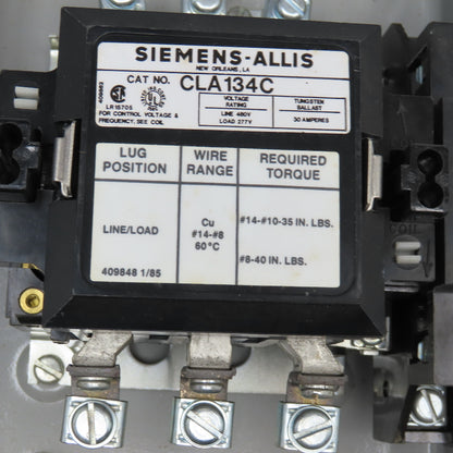 Siemens Allis CLA134C 480V Enclosed Lighting Contactor 30A Ballast 120V Coil NOS