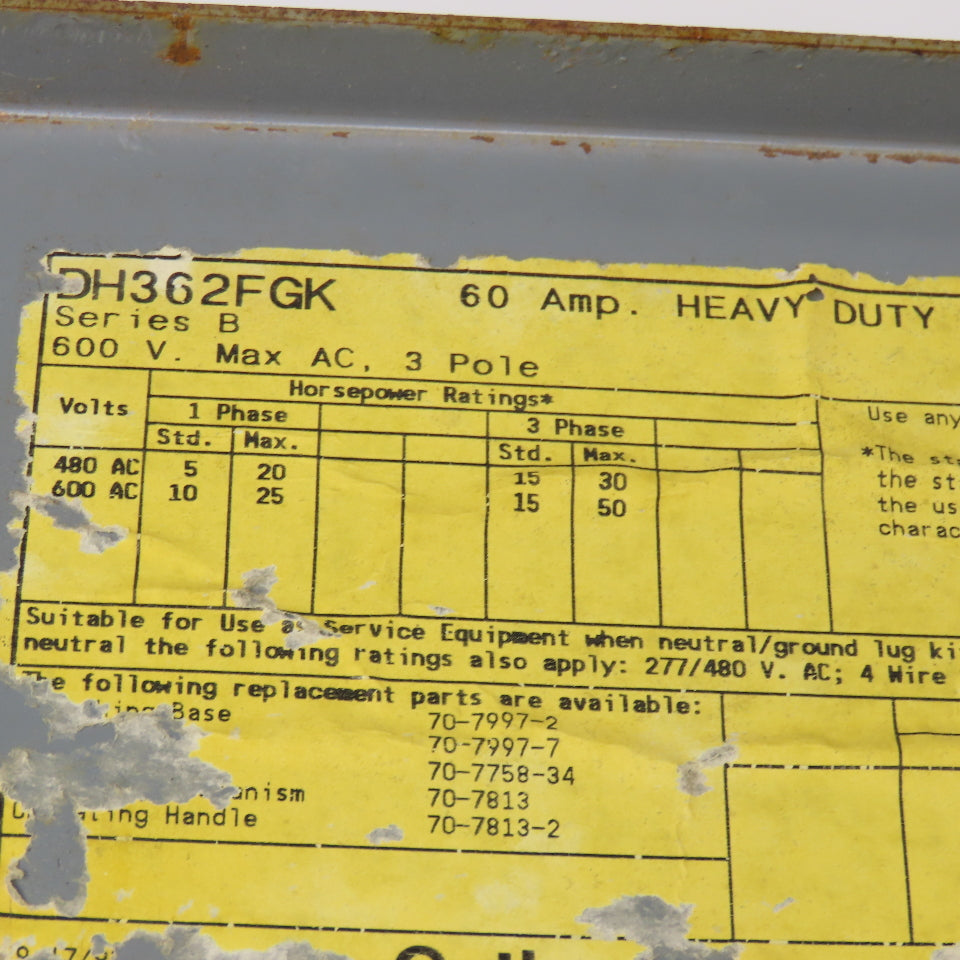 Cutler Hammer DH362FGK 600V 60A 3 Pole Heavy Duty Non Fused Safety Switch