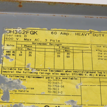 Cutler Hammer DH362FGK 600V 60A 3 Pole Heavy Duty Non Fused Safety Switch