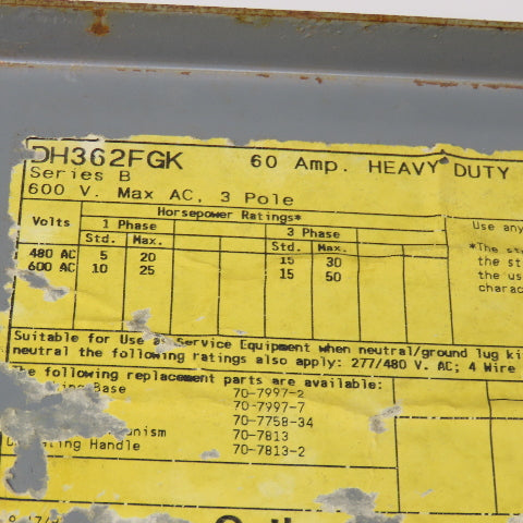 Cutler Hammer DH362FGK 600V 60A 3 Pole Heavy Duty Non Fused Safety Switch