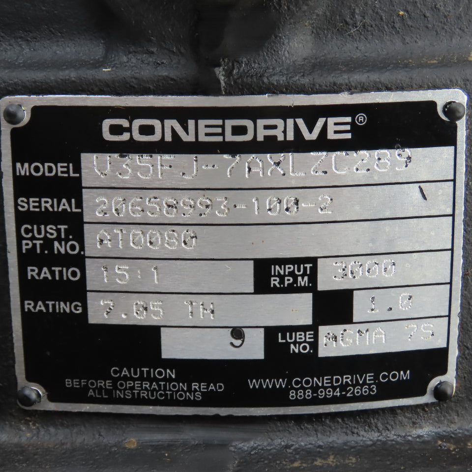 Cone Drive AT0080 U35FJ-7AXLZC289 15:1 Ratio Right Angle Gear Reducer 200RPM Out