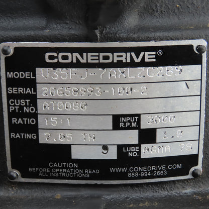 Cone Drive AT0080 U35FJ-7AXLZC289 15:1 Ratio Right Angle Gear Reducer 200RPM Out