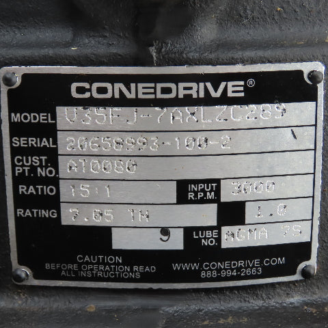 Cone Drive AT0080 U35FJ-7AXLZC289 15:1 Ratio Right Angle Gear Reducer 200RPM Out