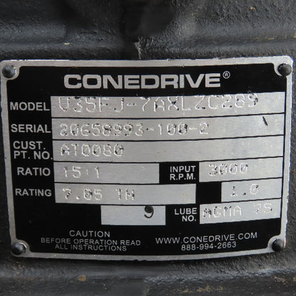 Cone Drive AT0080 U35FJ-7AXLZC289 15:1 Ratio Right Angle Gear Reducer 200RPM Out