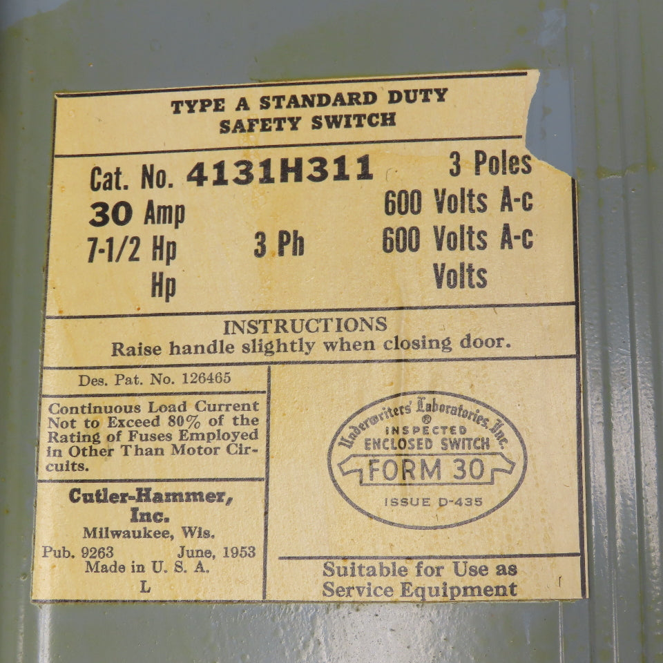 Cutler Hammer 4131H311 Vintage 30A 600V 3 Pole Fusible Safety Disconnect Switch