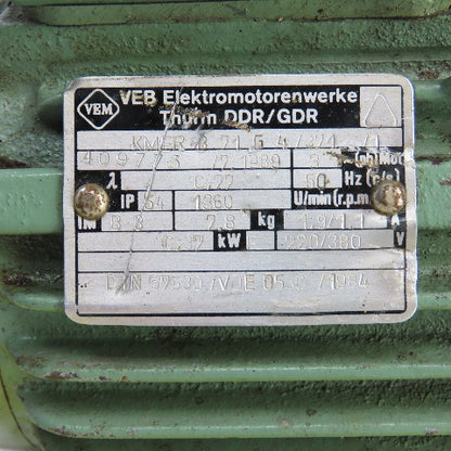 VEM KMER-8 71 0.37kw Electric Motor 1360RPM 220/380V 3PH 50HZ 14mm Shaft Tested