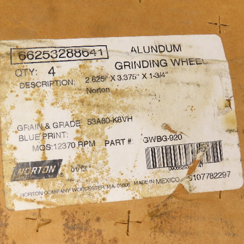 Norton 53A80K8VH 2-5/8" x 3-3/8" x 1-3/4" Alundum Grinding Wheel Lot Of 4