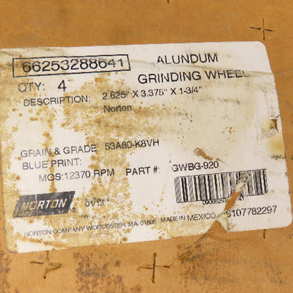Norton 53A80K8VH 2-5/8" x 3-3/8" x 1-3/4" Alundum Grinding Wheel Lot Of 4