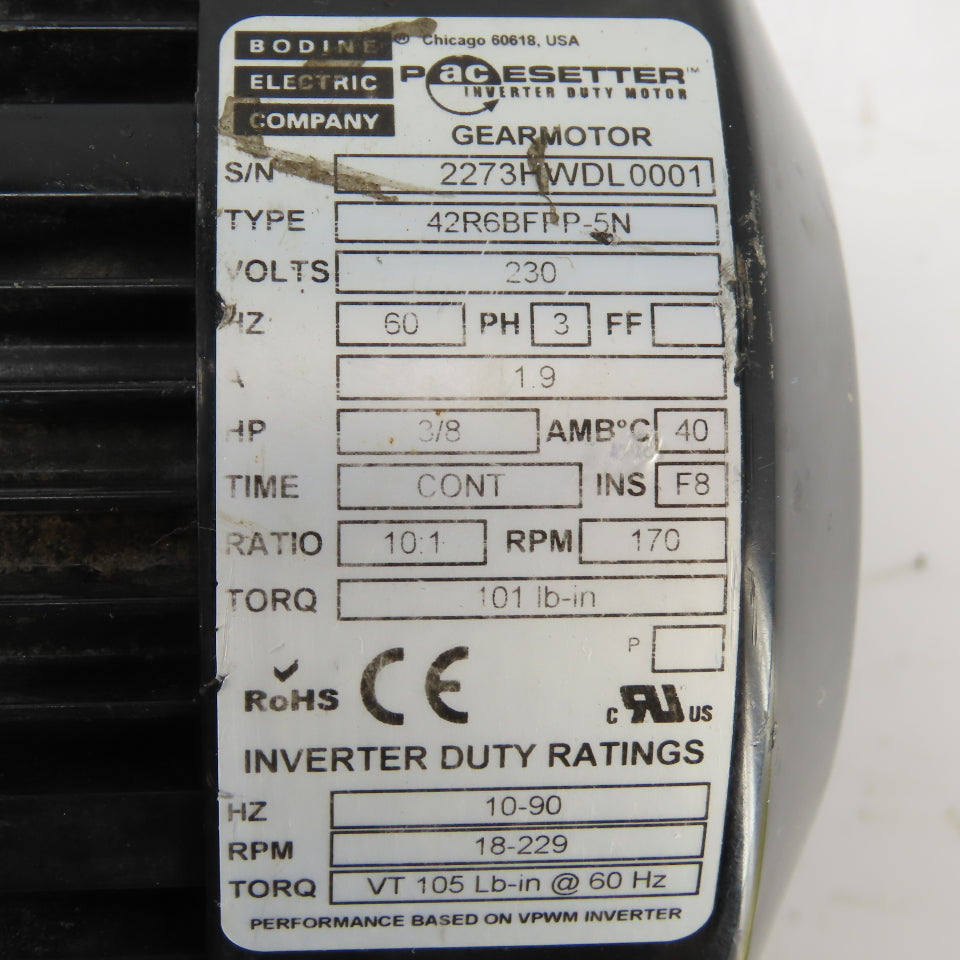 Bodine 42R6BFPP-5N 3/8HP 10:1 Right Hand Gear Motor 170RPM 230V 3PH Tested