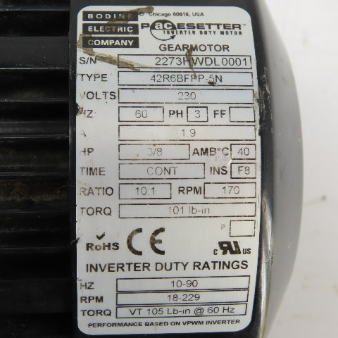 Bodine 42R6BFPP-5N 3/8HP 10:1 Right Hand Gear Motor 170RPM 230V 3PH Tested
