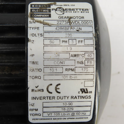 Bodine 42R6BFPP-5N 3/8HP 10:1 Right Hand Gear Motor 170RPM 230V 3PH Tested