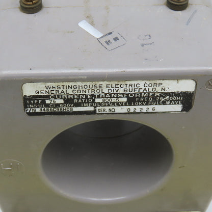 Westinghouse 3486C98H08 Type 76 800:5 25-400Hz 600V Max Current Transformer