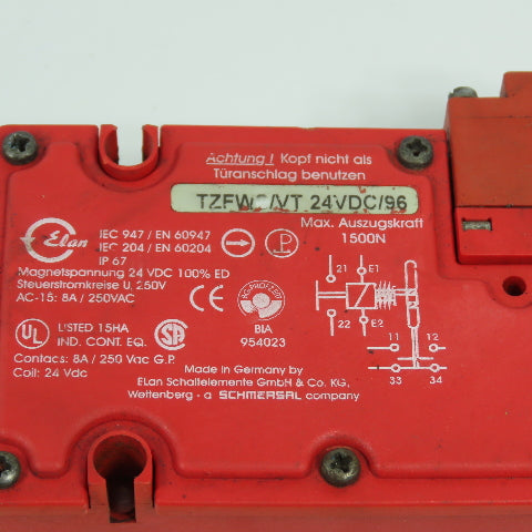 Elan Schmersal TZFWS/VT 24VDC/96 Safety Interlock Switch 24VDC W/ Key