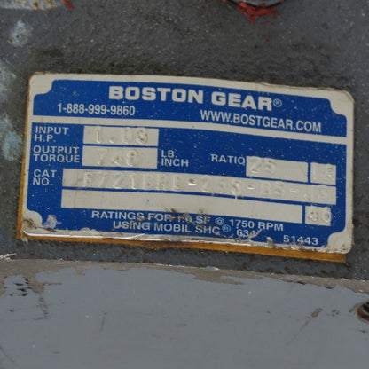 Boston Gear F721BRB-25S-B5-J3 25:1 Ratio Gear Reducer 1.03HP 748 In-Lb Torque