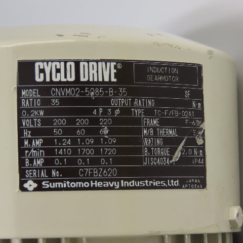 Cyclo Drive CNVM02-5085-B-35 0.2KW Induction Gearmotor 35:1 Ratio 3Ph 200/220V