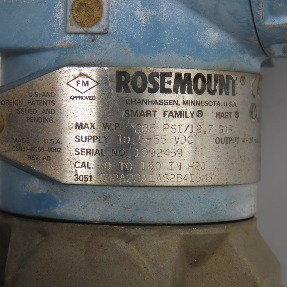 Rosemount CD2A22A1AS2B4I5M5 Pressure Transmitter 10.5-55VDC 285PSI Max 4-20mA