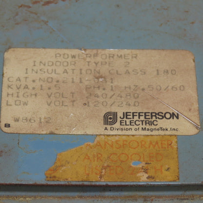 Jefferson 211-081 1.5kVA Single Phase Transformer Pri 240/480 Sec 120/240V 1PH