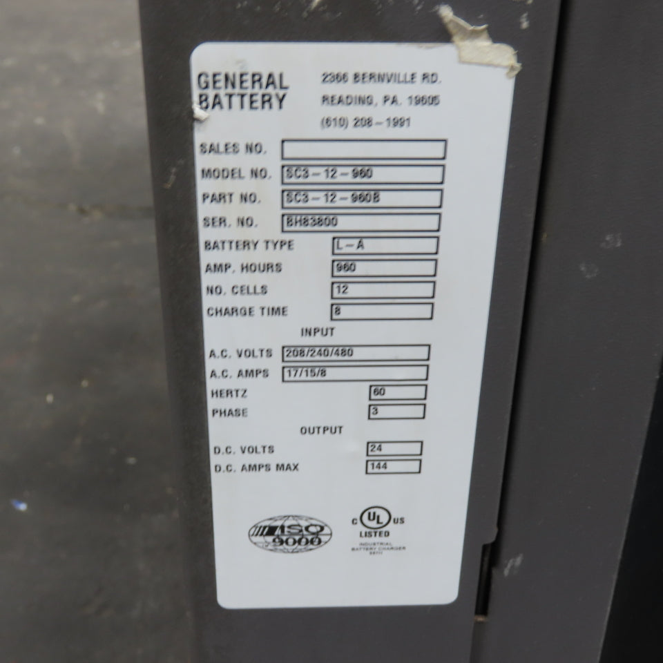 General SC3-12-960 24V 144A Forklift Battery Charger 12-Cell 240/480V 3PH 960AH