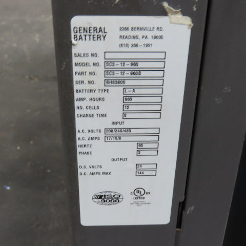 General SC3-12-960 24V 144A Forklift Battery Charger 12-Cell 240/480V 3PH 960AH