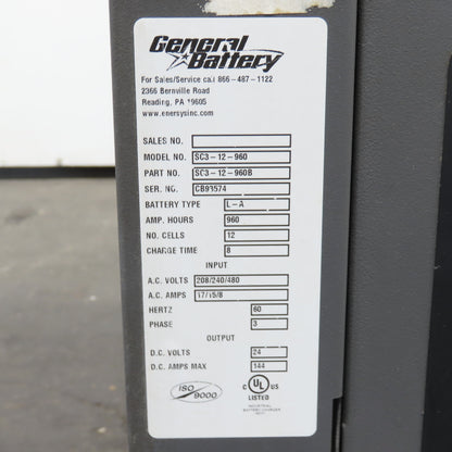 General SC3-12-960 24V 144A Forklift Battery Charger 12-Cell 240/480V 3PH 960AH