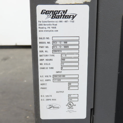 General SC3-12-960 24V 144A Forklift Battery Charger 12-Cell 240/480V 3PH 960AH