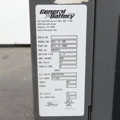 General SC3-12-960 24V 144A Forklift Battery Charger 12-Cell 240/480V 3PH 960AH