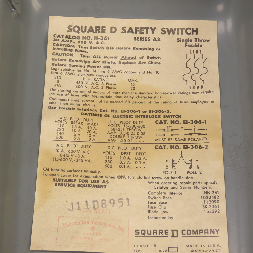 Square D H-361 30A Fusible Safety Disconnect Switch 600VAC 15HP 3-Pole
