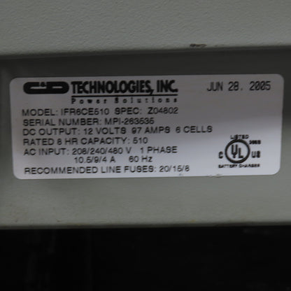 Ferro Charge IFR6CE510 12V 97A Forklift Battery Charger  208/240/480V 510AH 1Ph
