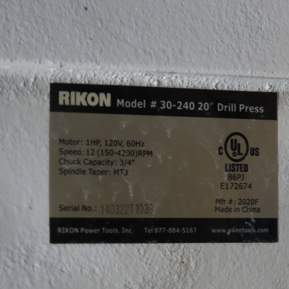 Rikon 30-240 1HP 20" Floor Model Drill Press 120V 1PH 3/4" Chuck MT3 12 Speed