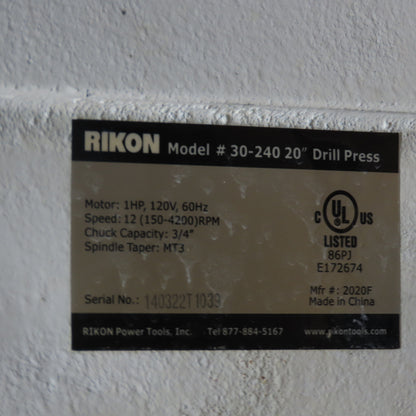 Rikon 30-240 1HP 20" Floor Model Drill Press 120V 1PH 3/4" Chuck MT3 12 Speed