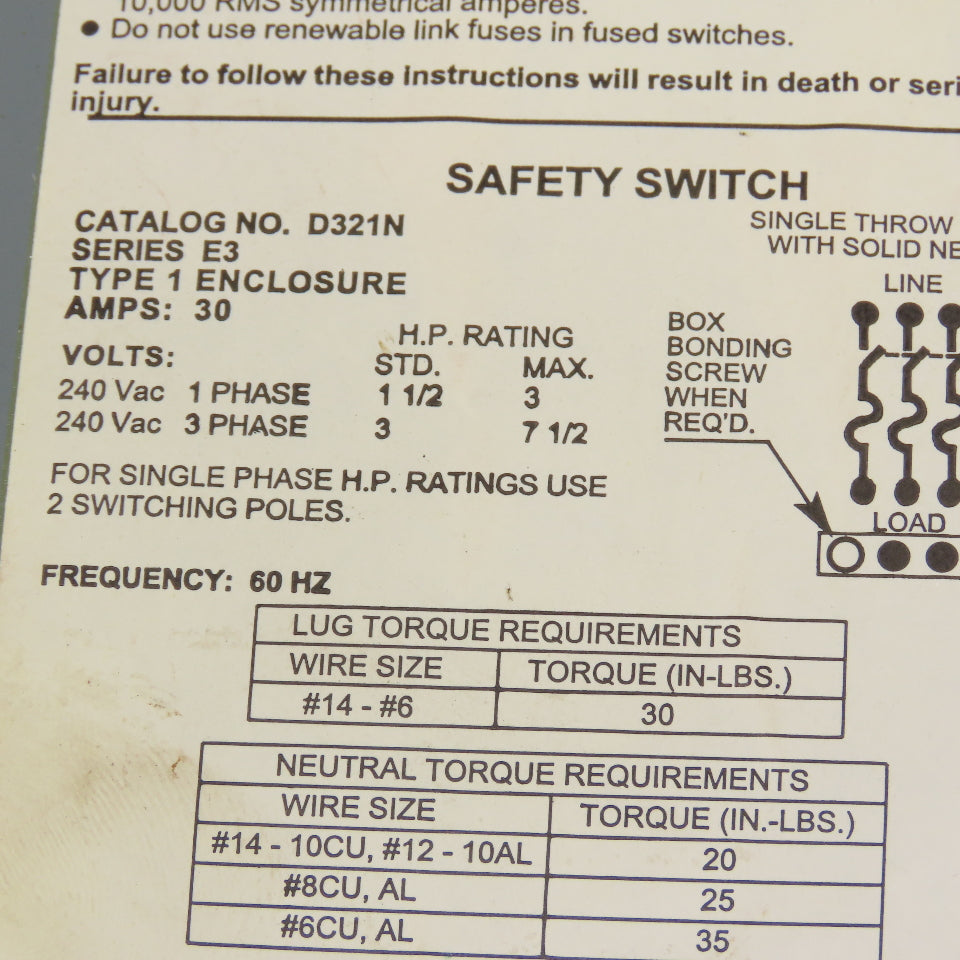 Square D D321N 30A 240V Fusible Safety Disconnect Switch