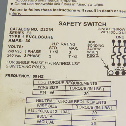Square D D321N 30A 240V Fusible Safety Disconnect Switch
