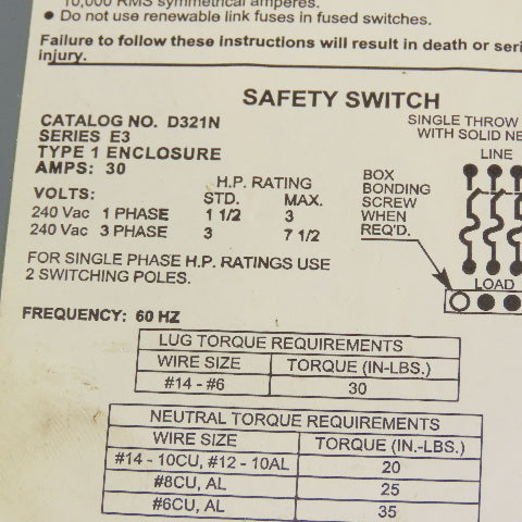 Square D D321N 30A 240V Fusible Safety Disconnect Switch