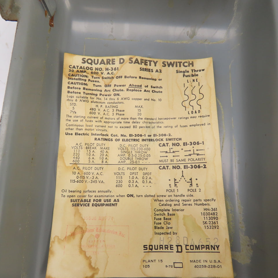Square D H-361 30A 600V Heavy Duty Fusible Safety Disconnect Switch 15HP 3-Pole